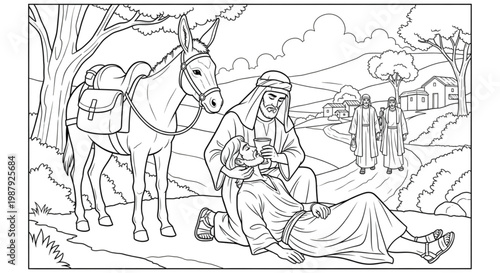 Compassionate Man Helping Injured Traveler on Ancient Road Offering Water and Aid Coloring Page