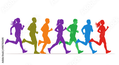 Colorful Silhouettes of Runners Racing Together, Sports and Exercise Concept Illustration