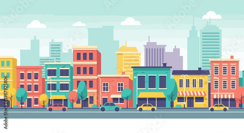 Colorful Urban Landscape Depicting Buildings, Trees, and Automobiles in a Vibrant City Setting