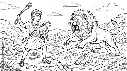 Shepherd Boy Protecting Lamb from Lion. Courage, Bravery, Strength, Faith. Line Art Coloring Page