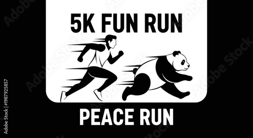 Comic Rendering Of 5k Fun Run With A Runner And Panda In Peaceful Competition