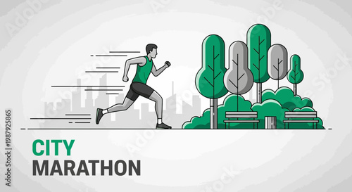 City Runner Executing Marathon, Urban Landscape With Trees And Benches Illustrated