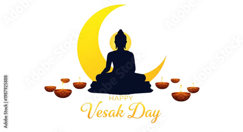 Happy Vesak Day Buddha Silhouette Golden Moon Lit Oil Lamps Spiritual Celebration Greeting Card Banner