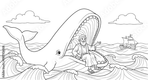 Man Inside Giant Whale Coloring Page. Ocean Adventure Illustration for Children's Books and Education.