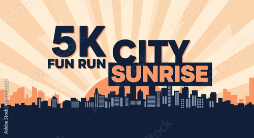 City Sunrise 5K Fun Run Emblem Representing Fitness, Health, and Community Spirit