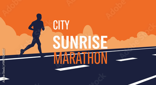 City Sunrise Marathon: Vibrant Silhouetted Runner on a Road with Orange Sky