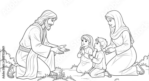 Jesus Christ Blessing Children and Mother Praying Spiritual Family Line Art