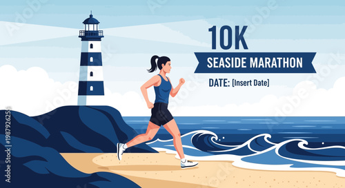 Coastal Running Event: A Scenic 10K Seaside Marathon Race with Lighthouse and Ocean Views
