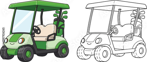 Cute green golf cart with clubs cartoon illustration for sports and leisure isolated on white background