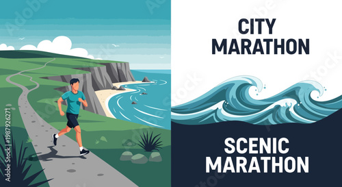 Coastal Running Adventure And Scenic Marathon Illustration With The Power Of Waves
