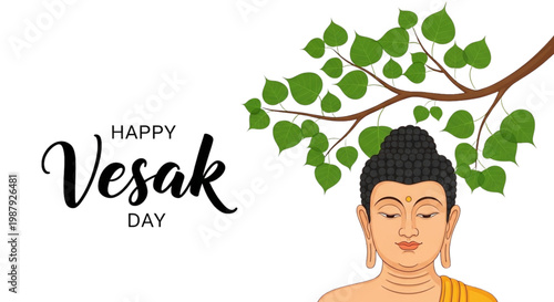 Serene Buddha Under Bodhi Tree for Vesak Day Celebration, Buddhist Holiday Greeting, Spiritual Enlightenment, Peaceful Meditation
