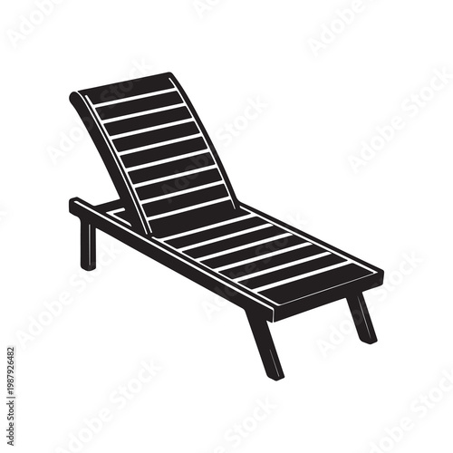 Black beach chair with slats and angled back on white background for summer relaxation and outdoor activities