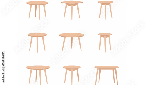 Scandinavian Table Furniture Vector Set Dining Coffee Bedside Console Tables on White