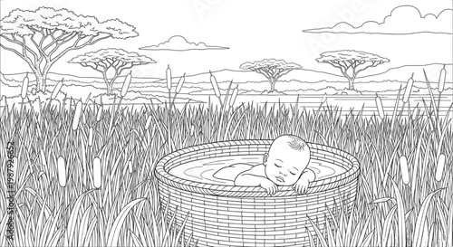 Vulnerable Baby in Basket on African Savanna, Symbolizing Hope, Protection, and New Beginnings for Family and Life Themes
