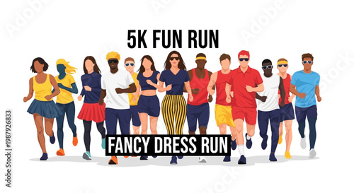 Colorful Group Of Friends Participating In A Fancy Dress 5K Fun Run Competition