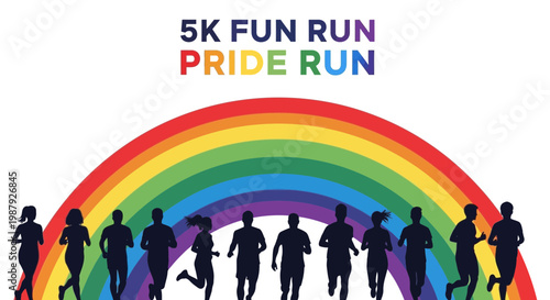 Colorful Illustration of 5K Fun Run and Pride Run Featuring Runners and Rainbow Arch