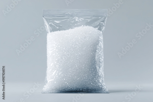 Granulated sugar packaging in a tightly sealed plastic bag containing white sugar crystals.
