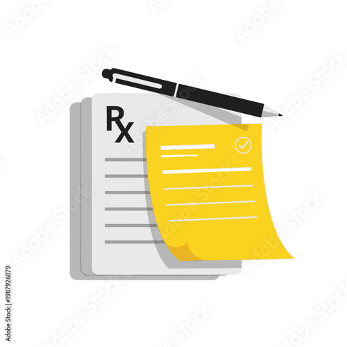 Prescription Paper with Sticky Note and Pencil Illustration