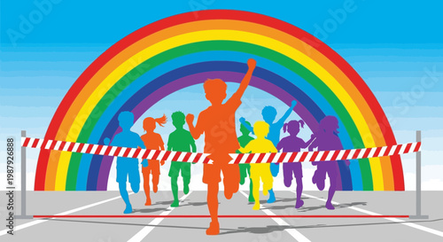 Colorful Kids Sprinting Towards the Finish Line Under a Vibrant Rainbow of Hope  and Joy
