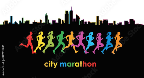 Colorful Marathon Runners Silhouetted In Front of Abstract Skyline With City Marathon Text