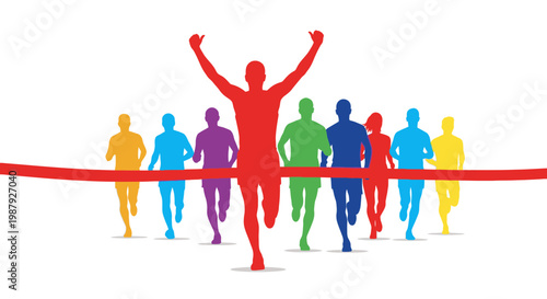 Colorful Runners Celebrate Victory Crossing Finish Line During Athletic Competition