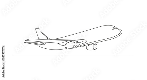 Airplane taking off, simple line drawing, white background, aviation concept