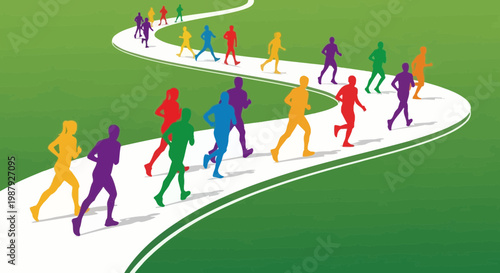 Colorful Runners Following A Winding Path Symbolizing Progress And Reaching Goals