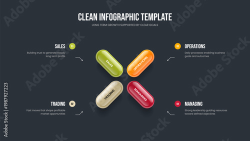 Enterprise Profile 4 Step Infographic Slideshow Layout. Market Showcase Four Element Diagram Frame Design. Marketing Campaign Slide Template Vector Illustration.