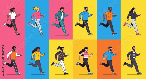 Colorful Running People in Diverse Outfits and Backgrounds Representing Activity and Fitness