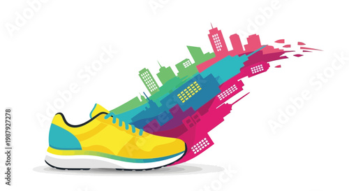 Colorful Running Shoe Illustration With Abstract Cityscape Design Representing Health and Movement