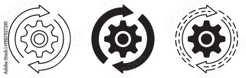 Three modern vector icons of gear with circular arrows, illustrating process and automation.