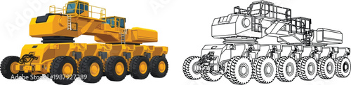Heavy duty yellow mining truck and its line art counterpart isolated on white background for construction and industry concepts