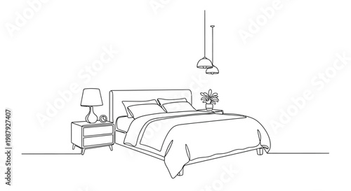 Minimalist Bedroom Line Art: Bed, Nightstand, Lamp, Pendant Lights