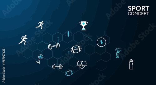 Conceptual Illustration Depicting Sports Elements And Healthy Activity With Dark Blue Gradient