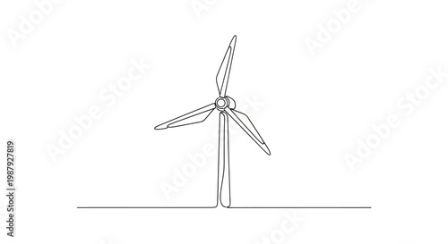 Minimalist wind turbine drawing, clean energy concept, single line art, white background.