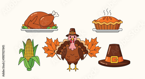 Classic illustrations of thanksgiving symbols and traditional foods