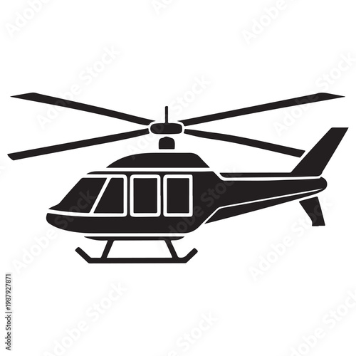 Black helicopter icon with rotor blades and windows  side view  isolated on white background