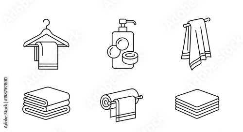 A collection of black and white line art icons depicting various bathroom textiles and accessories