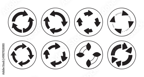 Circular arrows vector set in black with four arrows for a continuous loop or cycle concept.