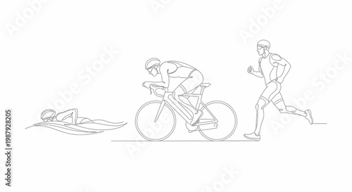 Continuous Line Drawing Of A Triathlon Athlete Performing Swimming, Cycling, And Running Actions