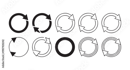 Set of black circular arrows in solid and outline styles for reload, refresh, and recycling.