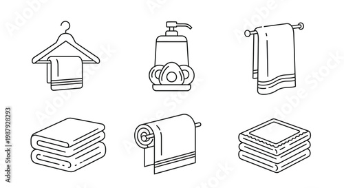 Line art illustration depicting various bathroom essentials including towels soap and a bathmat