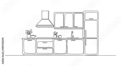 Kitchen Interior Line Drawing: Modern Design with Cabinets, Fridge, and Hood