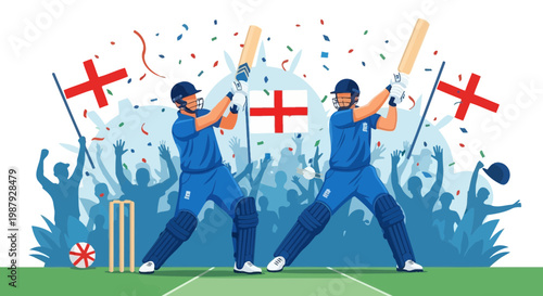 Cricket Players Celebrating a Victory in England with Crowds and Flags