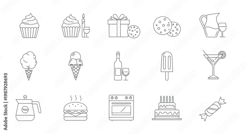 Fototapeta premium A collection of line art icons depicting various celebratory foods and treats for parties