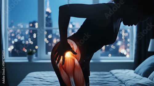 Woman experiencing hip and leg pain at night in her bedroom with a city view, highlighting muscle discomfort.