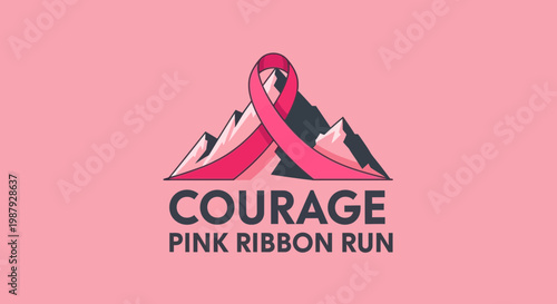 Courage Run Event Logo Featuring Mountains and the Prominent Pink Ribbon Symbol