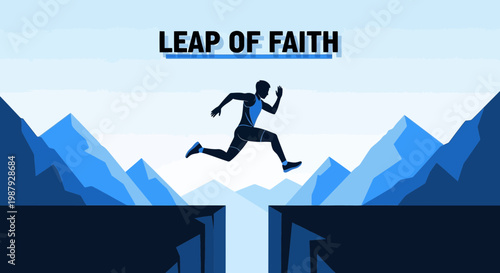 Courageous Athlete Taking Giant Leap Over Gorge Towards Mountain Peaks Ascent