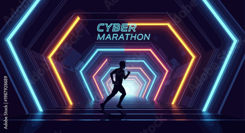 Cyber Marathon Runner Silhouette Neon Tunnel Futuristic Event Motion