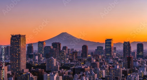 Tokyo Tower with Mount Fuji at Sunset Skyline